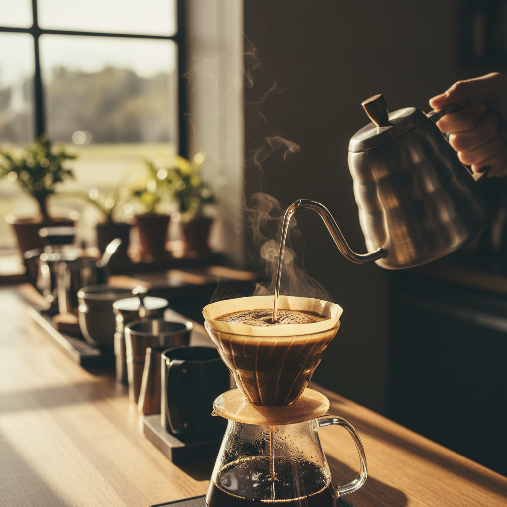 Close-up de um fluxo de café sendo extraído em um porta-filtro de cerâmica, com gotas iluminadas e vapor suave.