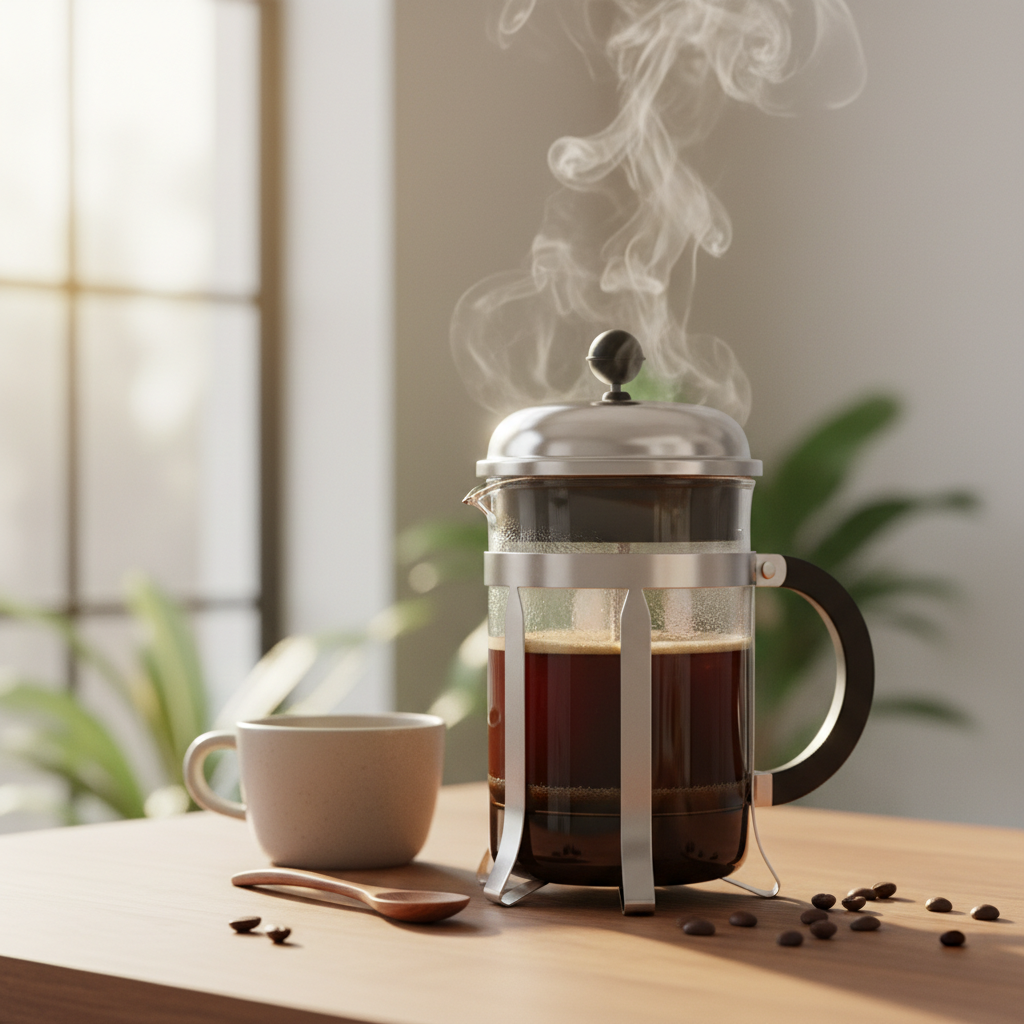 Close-up cinematográfico de uma prensa francesa de vidro com café em infusão, luz suave de manhã entrando pela janela, partículas de café suspensas e vapor sutil saindo do bico.