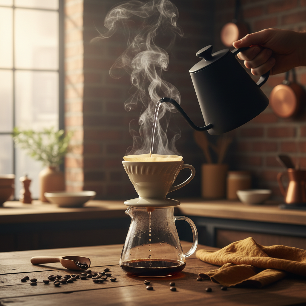 Close-up de uma chaleira de bico fino preta despejando um fio preciso de água quente sobre um porta-filtro de cerâmica com café, vapor suave subindo em iluminação quente de cafeteria.