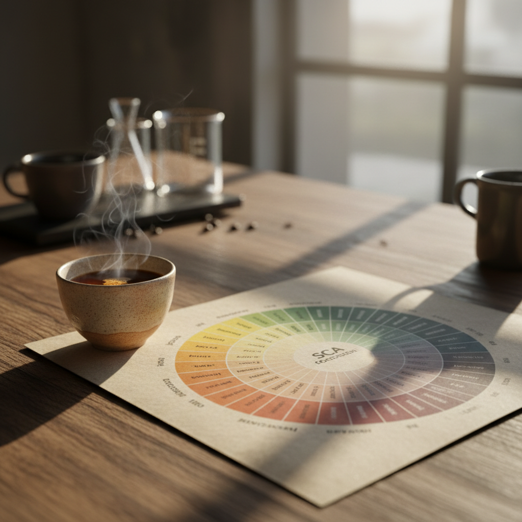 Fotografia de uma xícara de café sobre uma mesa de madeira, ao lado de uma roda de sabores da SCA impressa e grãos espalhados, luz solar suave entrando pela janela.