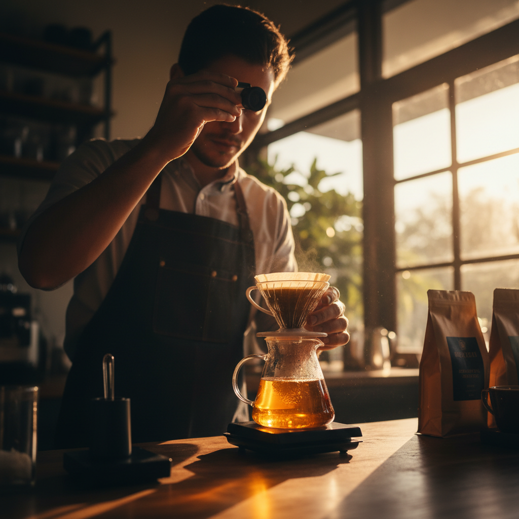 Fotografia de um barista operando um refratômetro digital ao lado de um café coado, luz solar suave incidindo sobre a bancada de madeira e equipamentos de vidro.