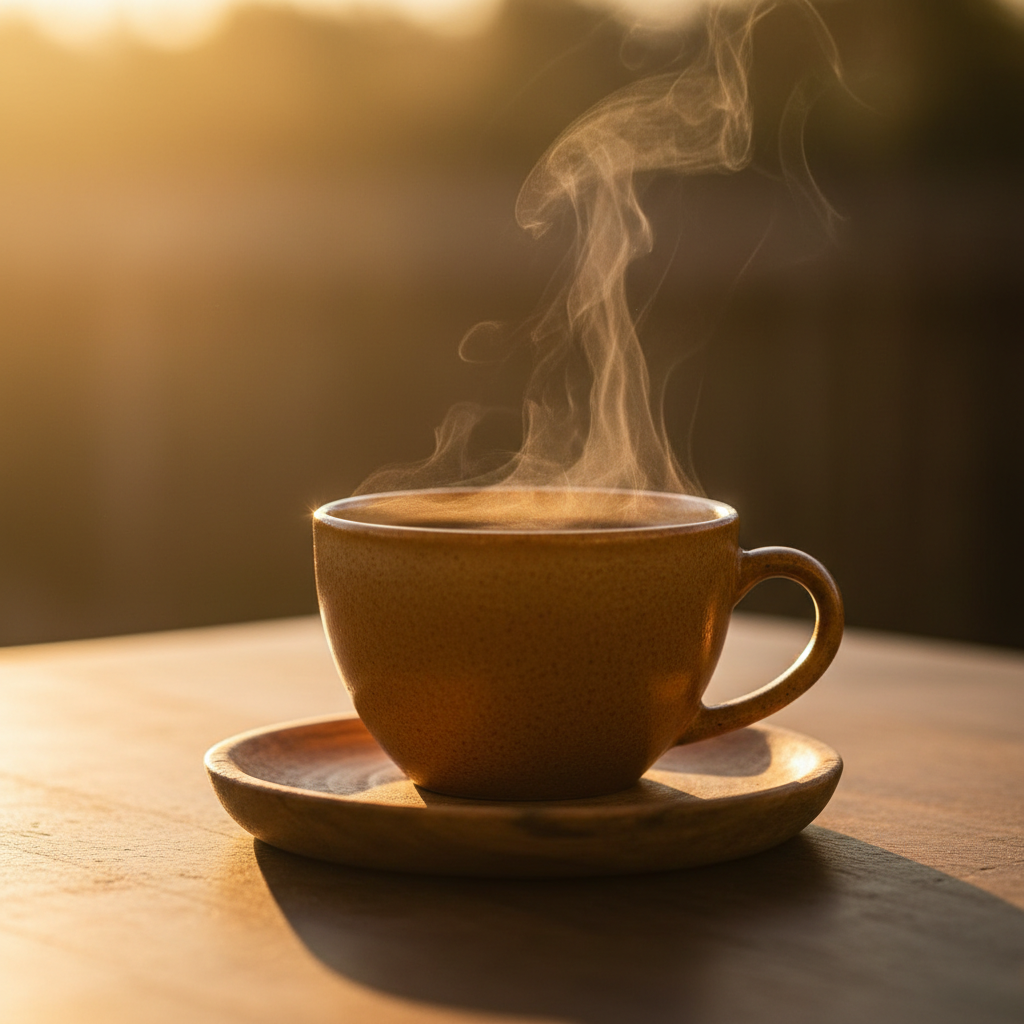 Close-up cinematográfico de uma xícara de porcelana com café filtrado, luz solar lateral criando reflexos na superfície da bebida, grãos de café espalhados ao fundo sobre mesa de madeira rústica com tons quentes e rosados.