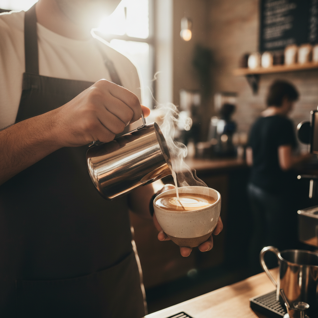 Close-up cinematográfico de uma leiteira de aço inox vertendo microespuma sedosa em uma xícara de café, criando um desenho de latte art, luz quente de cafeteria.