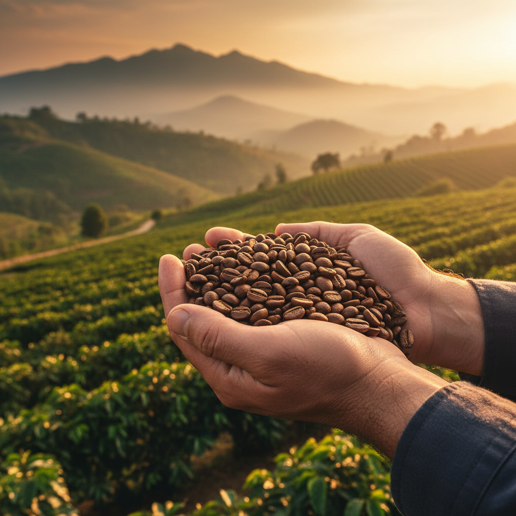 Fotografia de close-up em detalhe de grãos de café de especialidade sendo manuseados por mãos experientes de um produtor, com luz solar suave de fim de tarde e profundidade de campo reduzida.