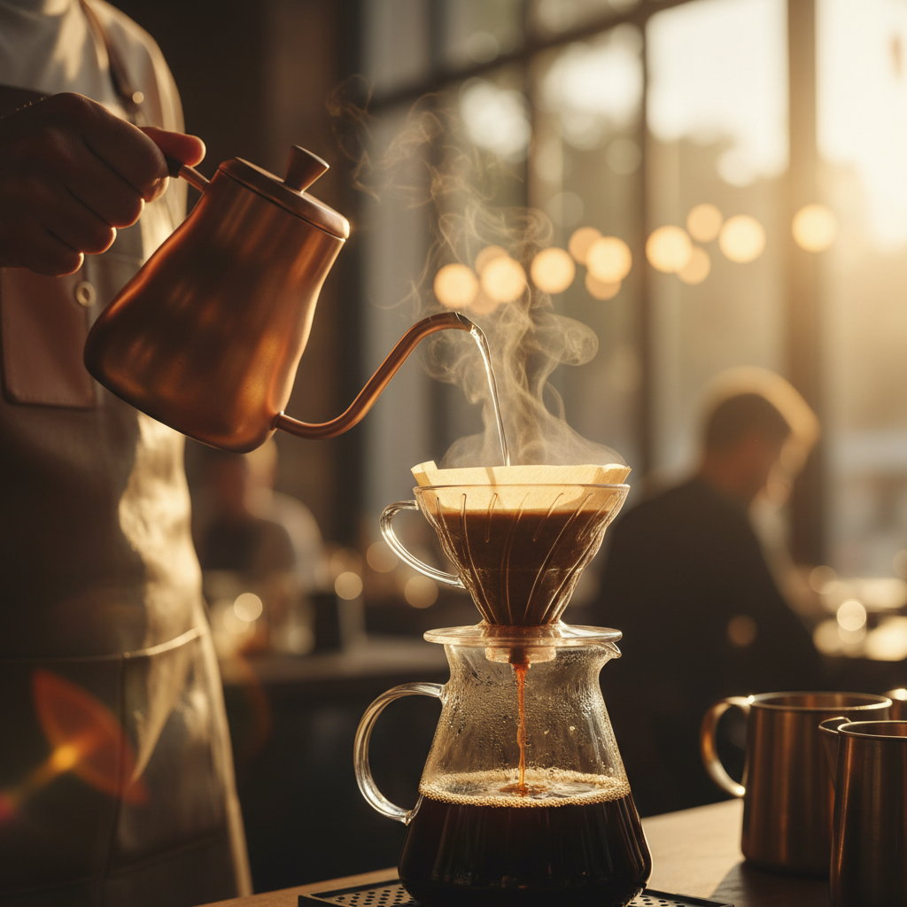 Fotografia de uma chaleira de bico de ganso derramando água quente sobre um filtro de café, com vapor sutil subindo e luz solar suave iluminando as gotas e o café.