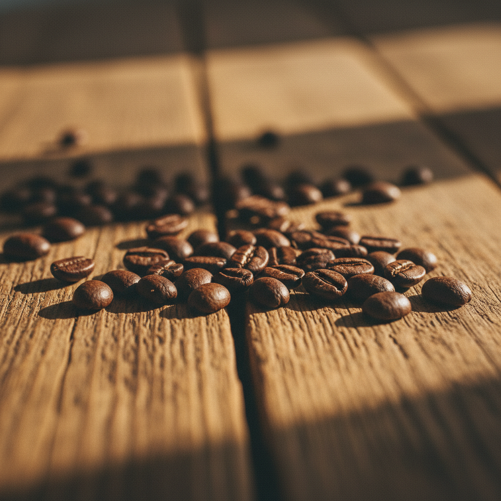 close-up de grãos de café torrados de diferentes tamanhos e cores sobre uma superfície rústica de madeira, sob luz solar suave filtrada