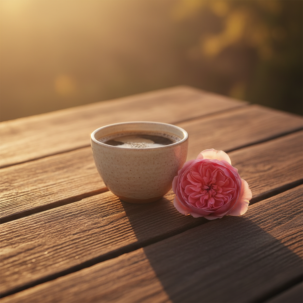 Close de uma xícara de cerâmica artesanal com café coado, ao lado de uma rosa cor-de-rosa delicada sobre uma mesa de madeira rústica, iluminada pela luz suave do entardecer.