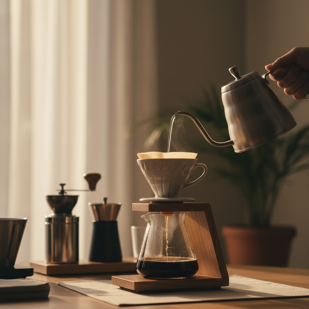 Close-up artístico de um café sendo servido em um V60, com fumaça delicada e grãos de café ao redor, sob luz suave de manhã.