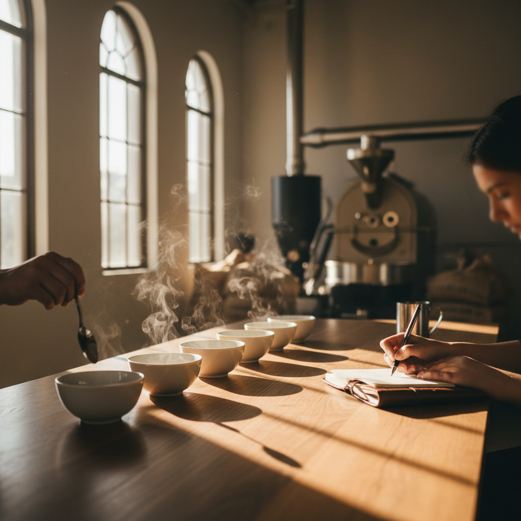 Mãos segurando uma colher de cupping profissional sobre tigelas de cerâmica com café, luz de fim de tarde entrando por uma janela lateral, atmosfera de laboratório artesanal.