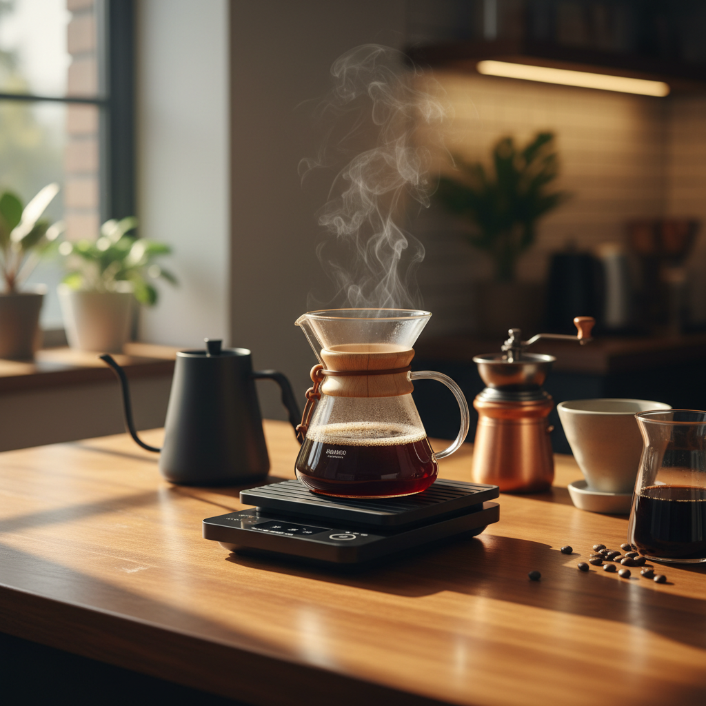 Fotografia de uma balança digital de café minimalista com um cronômetro marcando o tempo de extração, sob uma jarra de vidro com café fresco, iluminação suave de manhã.