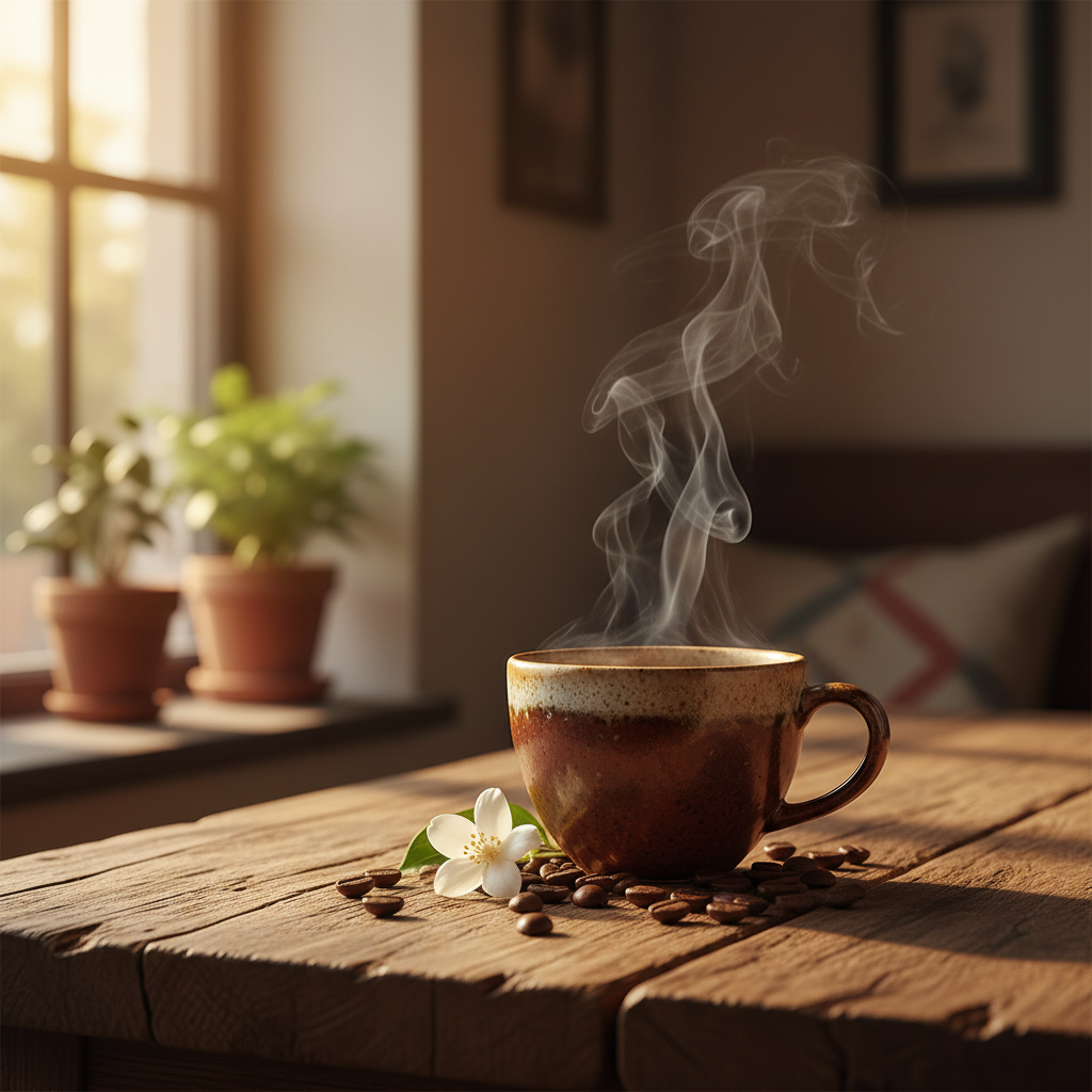 Uma xícara de cerâmica artesanal com café coado, ao lado de grãos torrados e uma pequena flor de laranjeira, luz solar suave de fim de tarde entrando pela janela.