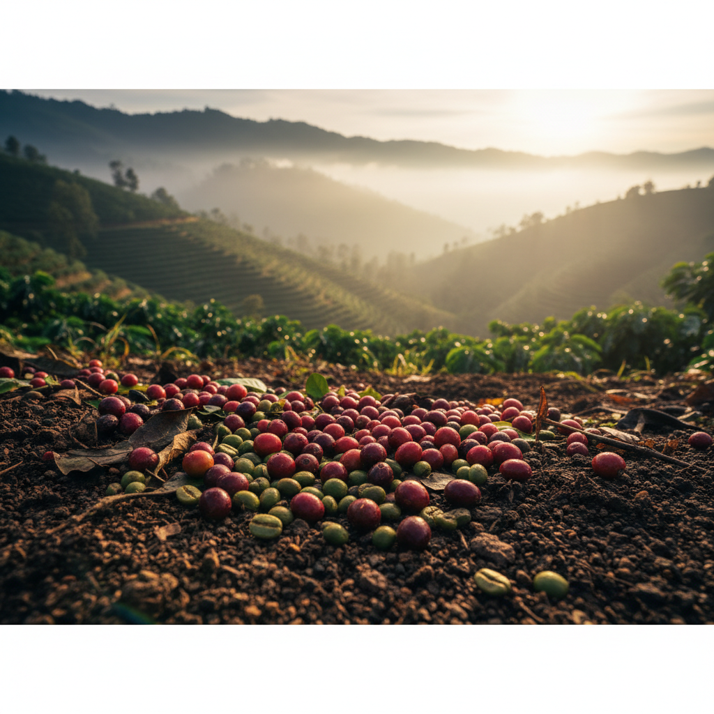 Close-up artístico de grãos de café verde densos e cerejas maduras sobre um solo rico e escuro, com montanhas ao fundo sob uma luz suave de amanhecer.