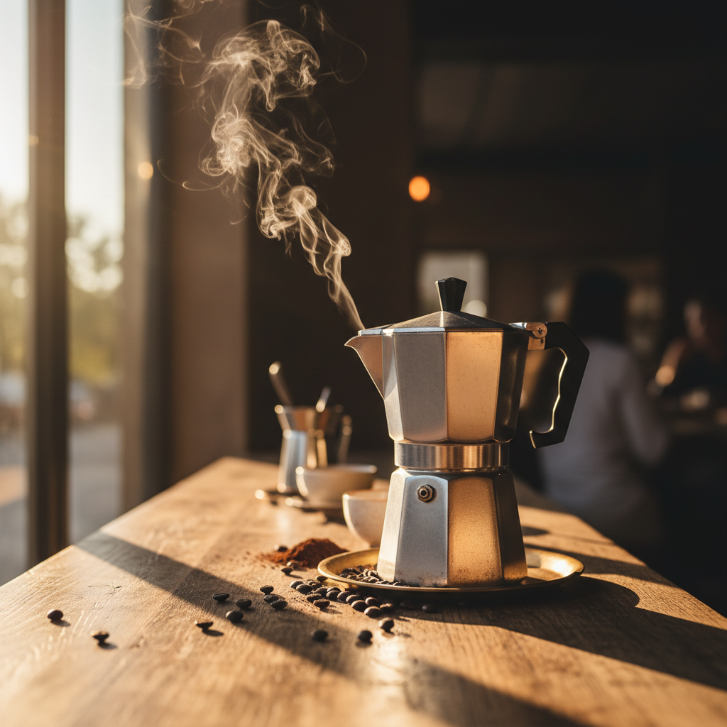 Cafeteira italiana Moka clássica sobre um balcão de madeira, com luz suave de fim de tarde entrando por uma janela, vapor sutil saindo do bico e grãos de café ao redor.
