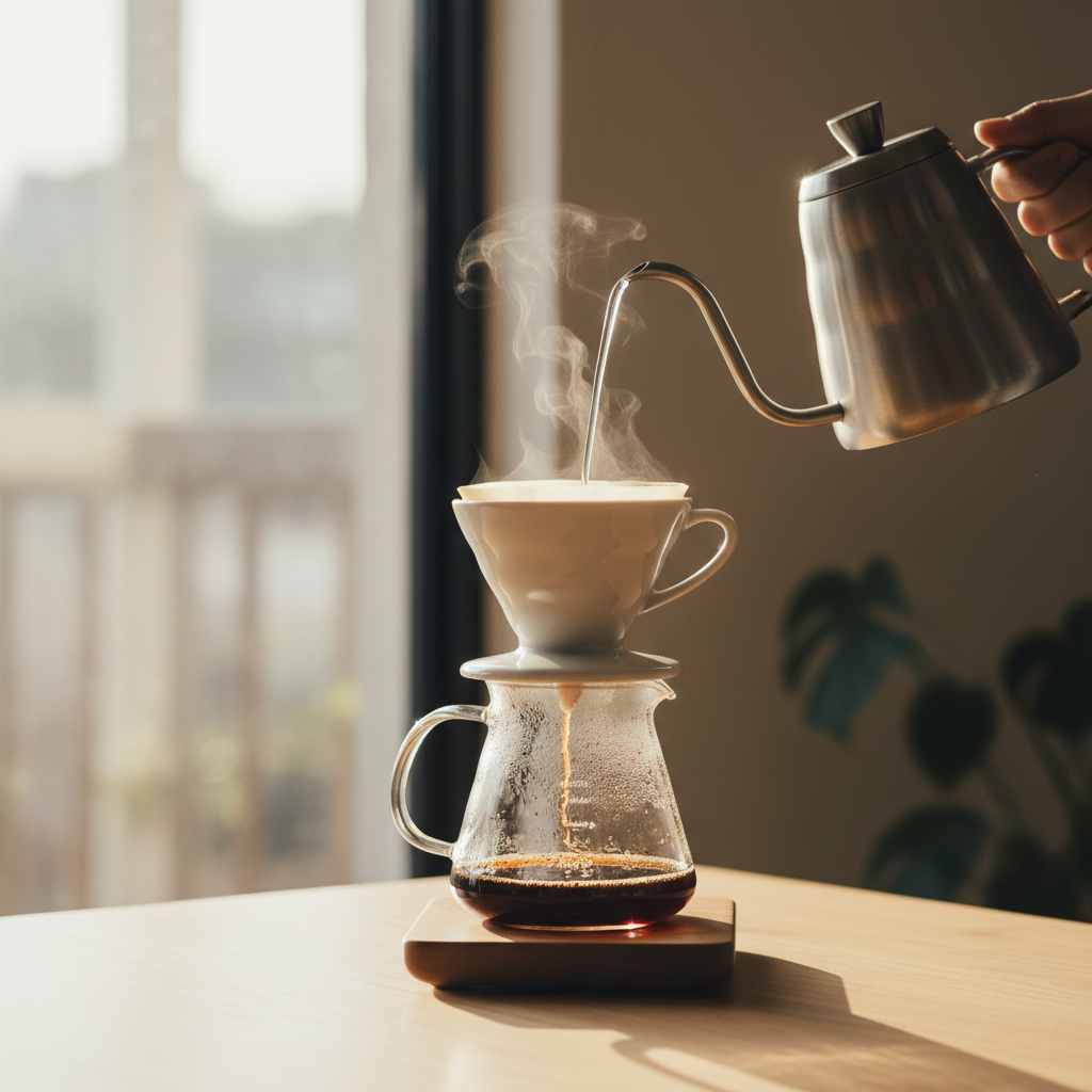 Close-up cinematográfico de um porta-filtro Hario V60 de cerâmica branca, com fumaça de café fresca subindo e luz solar suave iluminando o gotejamento.