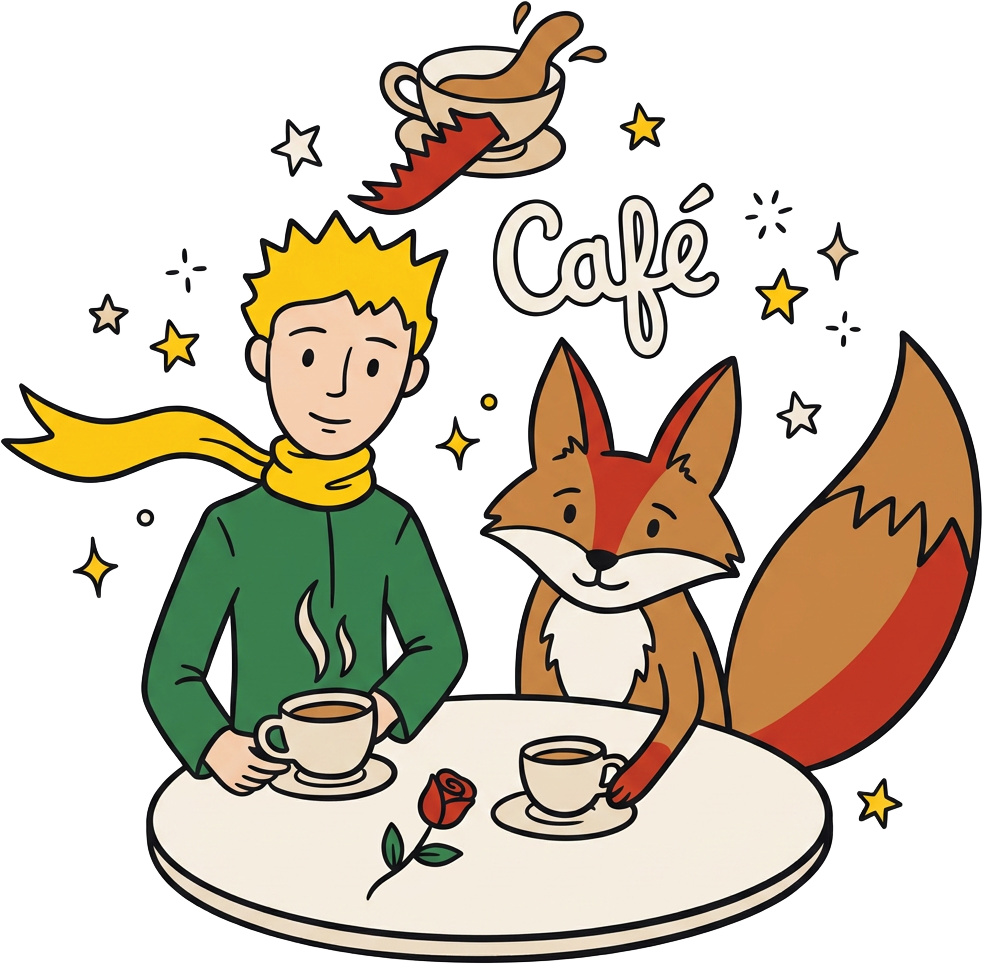 Pequeno Príncipe e a raposa tomando café no Lazo Café
