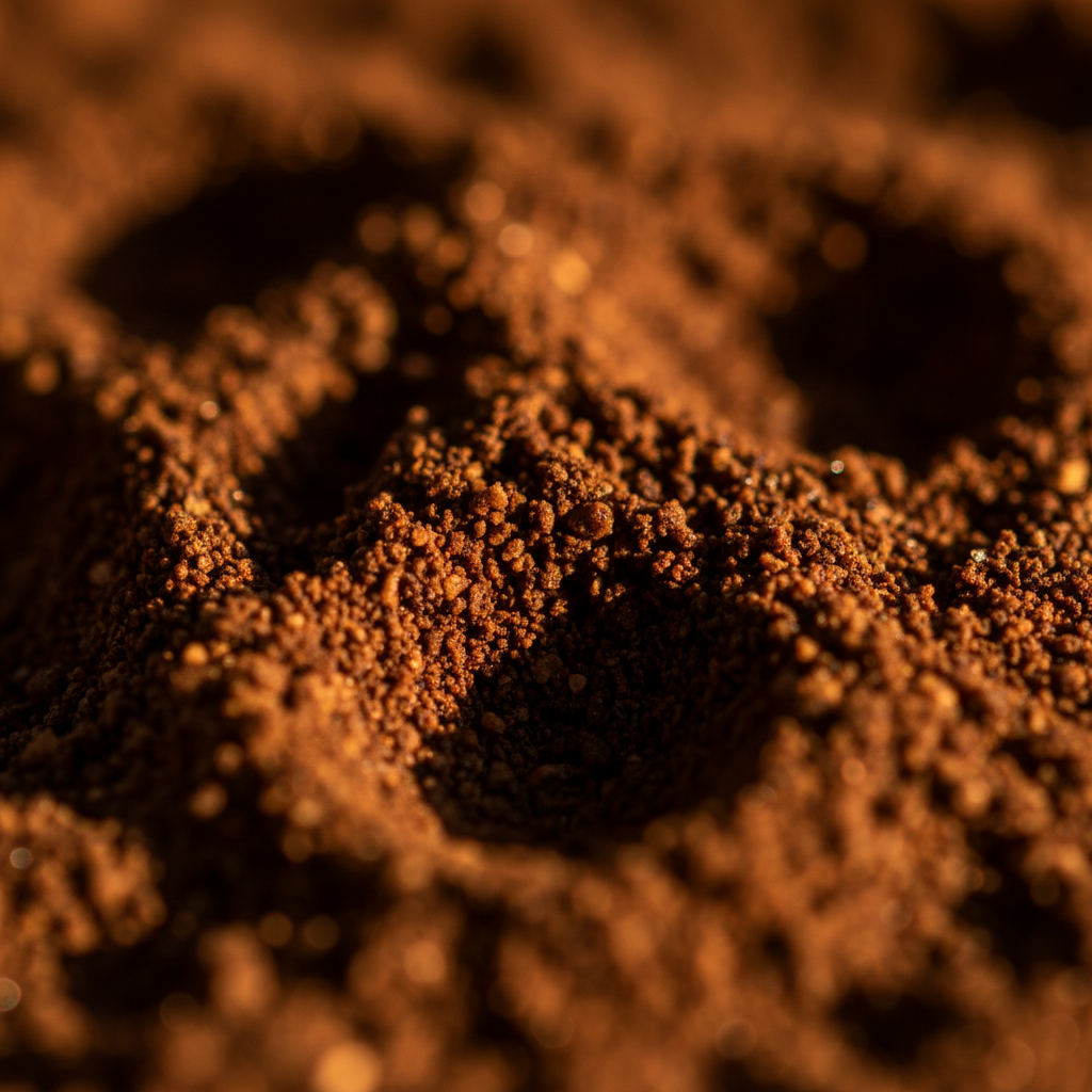 Close-up detalhado de grãos de café moídos com precisão, mostrando a textura rústica e as diferentes partículas sob uma luz de fim de tarde.